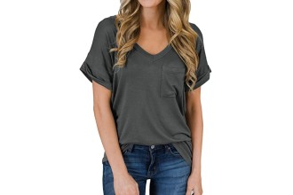 MIHOLL Women's Short Sleeve V-Neck Shirts Loose Casual Tee T-Shirt