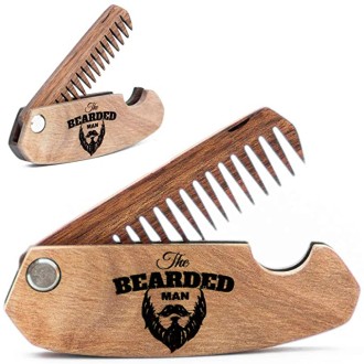 Wooden Beard Comb for Men Folding Pocket Comb for Moustache Beard & Hair Walnut Combs with the Engraving (Bearded)